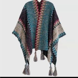 Multicolor Knit Poncho with Tassels